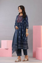 Juniper Women Indigo Cotton Cambric Batik texture Printed Kurta, Pants and Dupatta Set | Grocsy