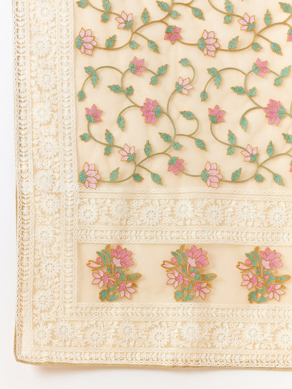 Beige Organza Floral Embroidered Saree with Unstitched Blouse Piece - Roozal | Grocsy