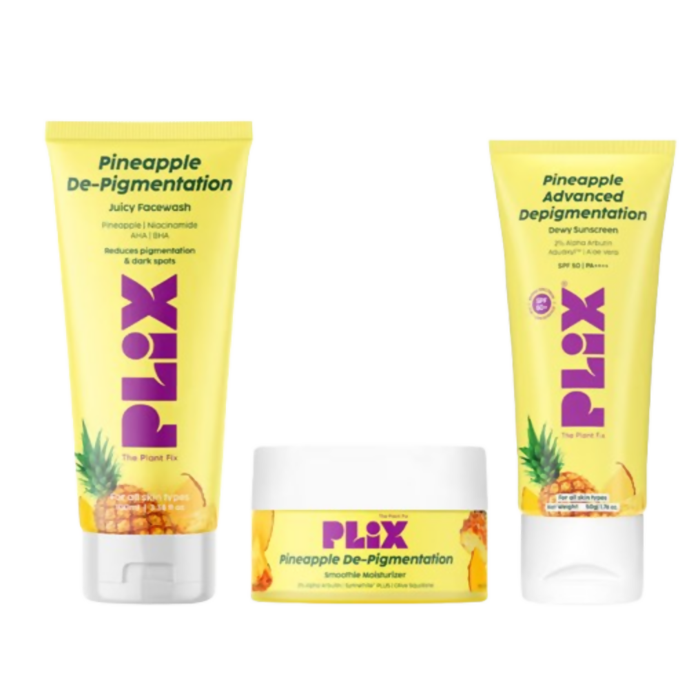 PLIX The Plant Fix Pineapple De-pigmentation Regime Juicy Face Wash, Smoothie Moisturizer & Dewy Sunscreen | Grocsy