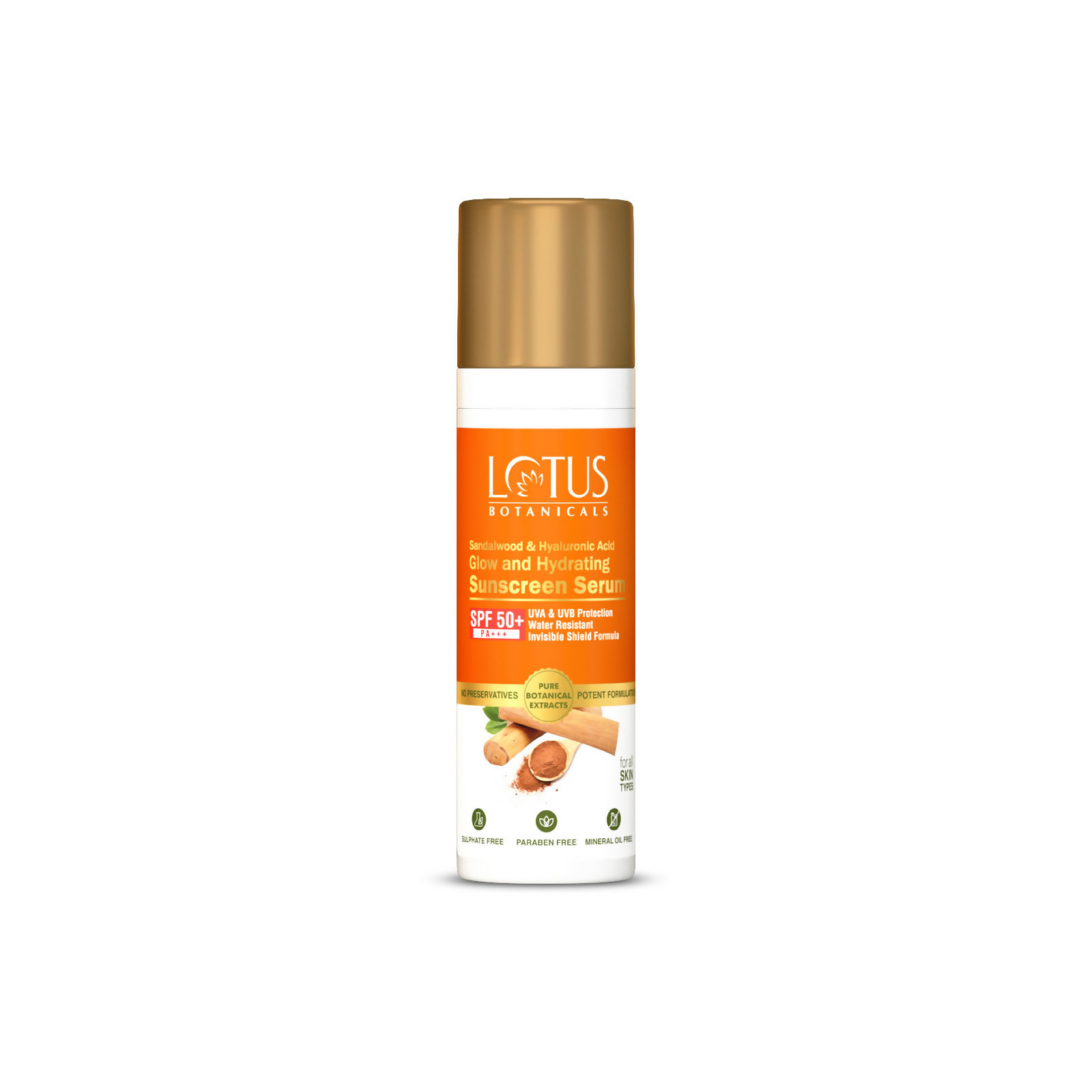 Lotus Botanicals Sandalwood & Hyaluronic Acid Glow and Hydrating Sunscreen Serum, SPF 50+, PA+++ | Grocsy