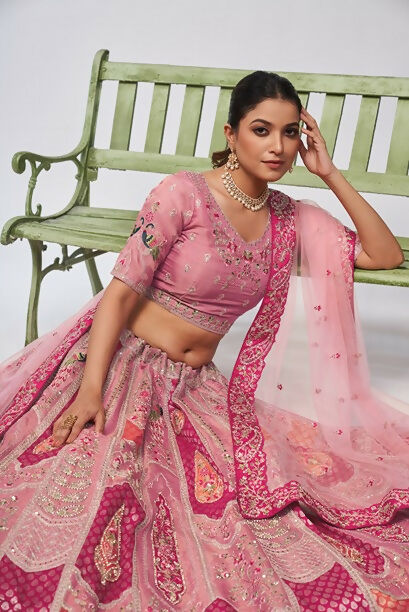 Kesar Fab Pink Silk Embroidered Lehenga | Grocsy
