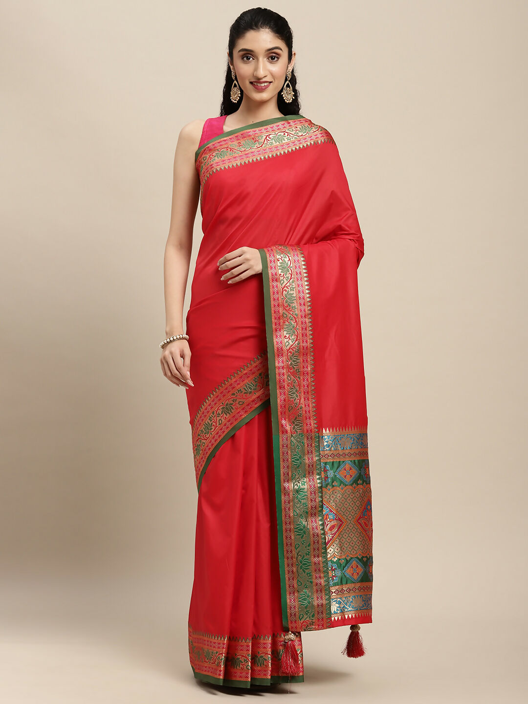 Shree Shyam Fashion Silk Blend Red Saree | Grocsy