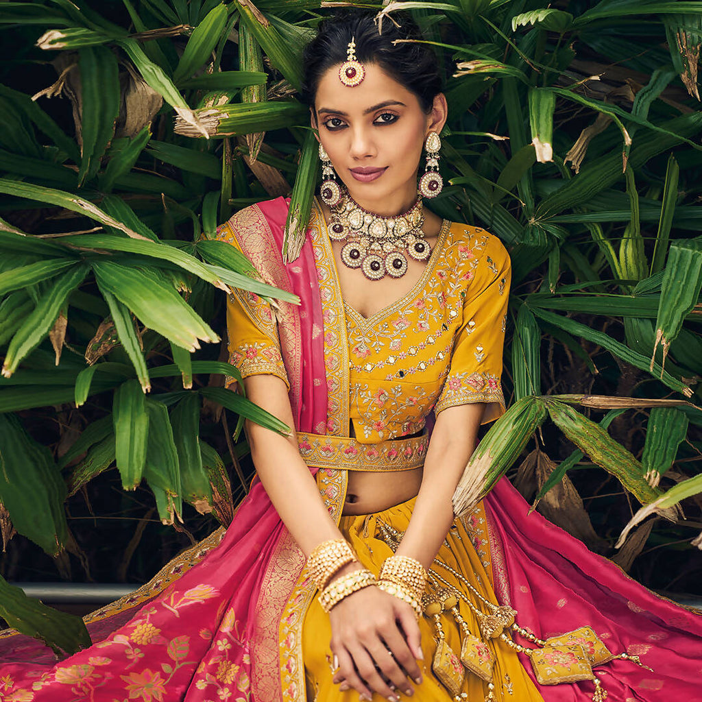 Yellow Heavy Viscose Khatli, Embroidery & Mirror Work Unstitched Lehenga Choli - Sisha Keshav | Grocsy