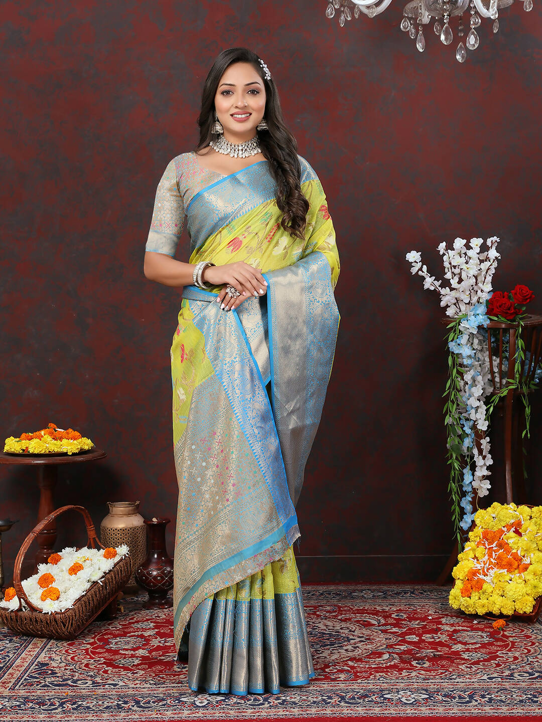 Lorenvalley Fashion Yellow Cotton Woven Design Zari Meenakari Weaving Saree | Grocsy