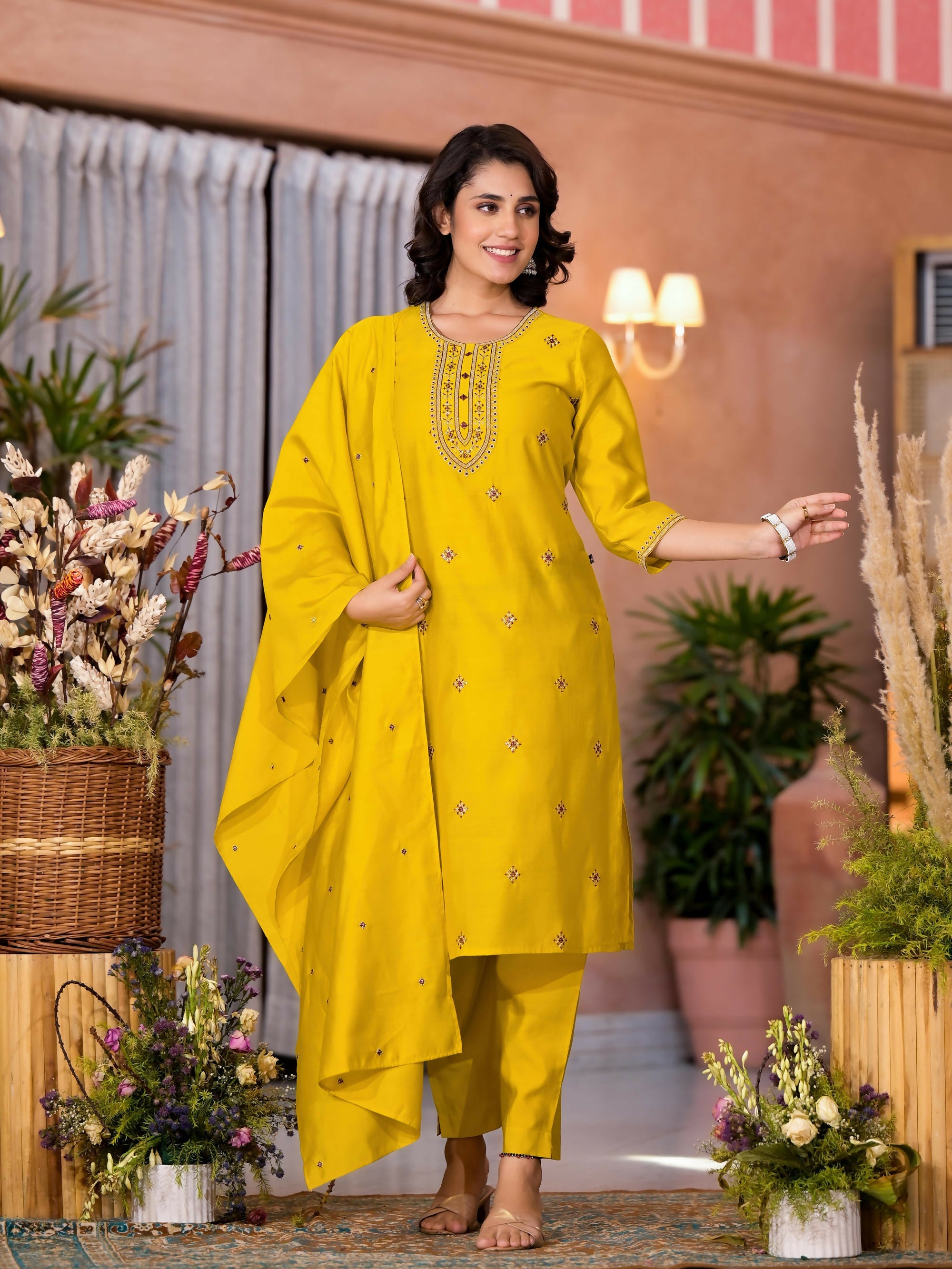 Juniper Women's Yellow Thread Embroidered Viscose Kurta Pant And Dupatta Set With Zari Work | Grocsy
