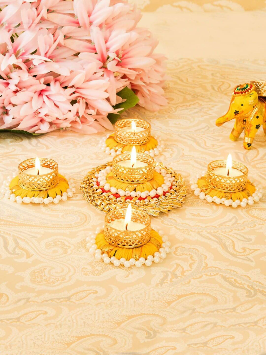 Tied Ribbons Set Of 5 Golden Diwali Dcoration Tealight Candle Holder | Grocsy