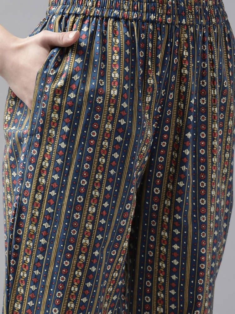 Yufta Women Blue and Red Ethnic Motifs Pure Cotton Kurta with Trouser and Dupatta | Grocsy
