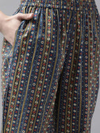 Yufta Women Blue and Red Ethnic Motifs Pure Cotton Kurta with Trouser and Dupatta | Grocsy