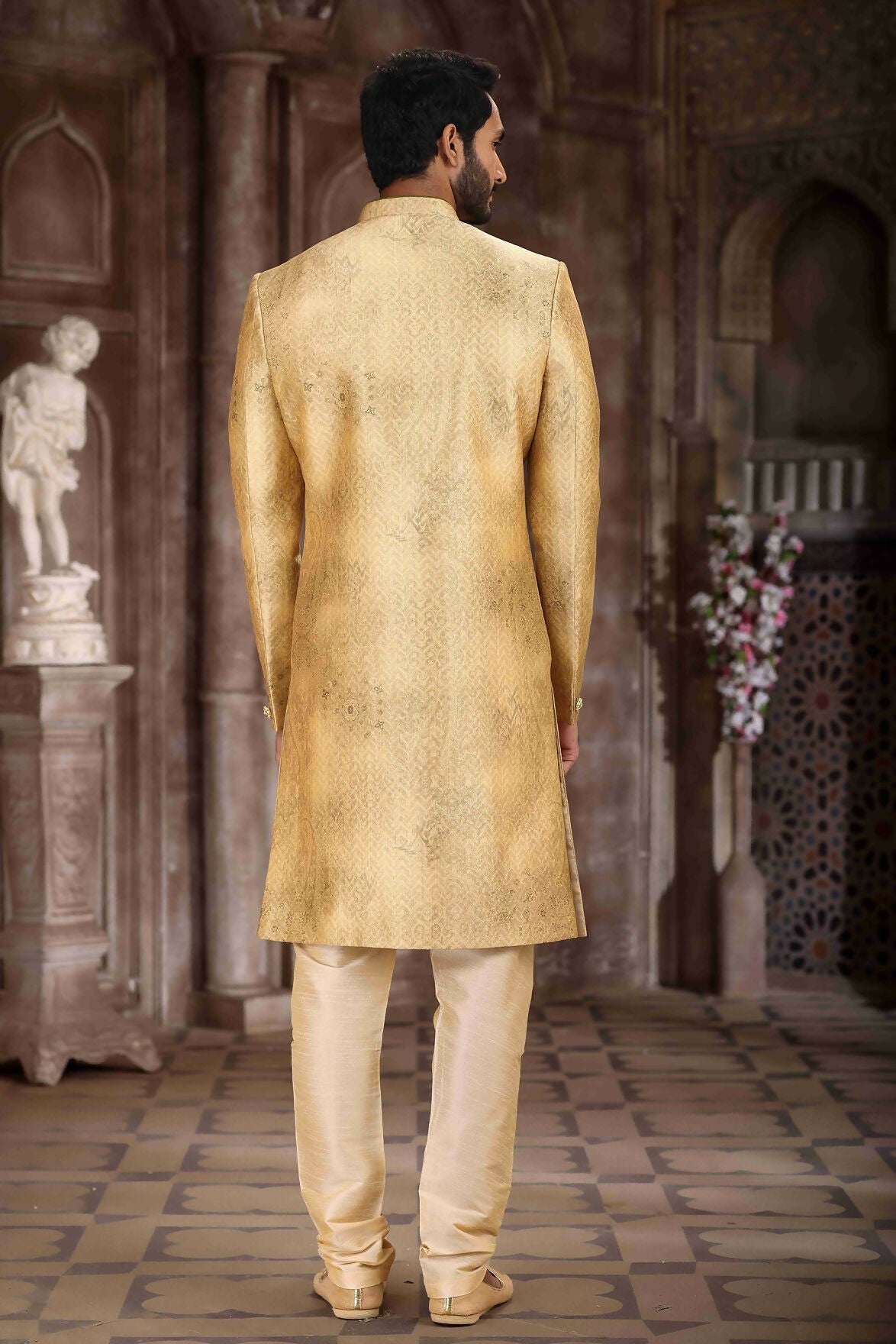 Raivat Ethnic Art Silk Digital Print Sherwani In Yellow Colour | Grocsy