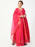 Cheera Women's Deep Pink Cotton & Silk Hand Block Print Long Dress With Silk Dupatta Set | Grocsy