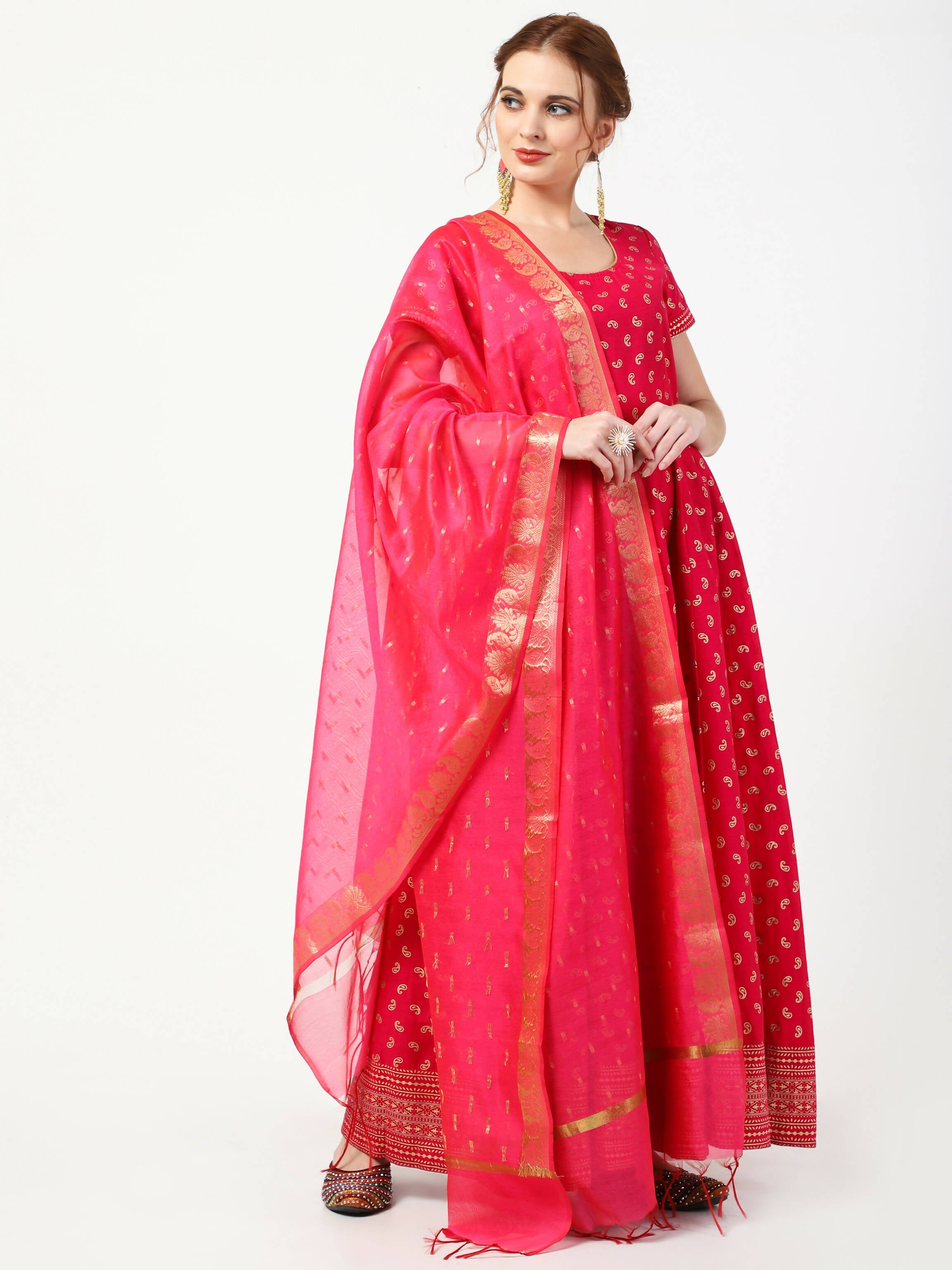 Cheera Women's Deep Pink Cotton & Silk Hand Block Print Long Dress With Silk Dupatta Set | Grocsy