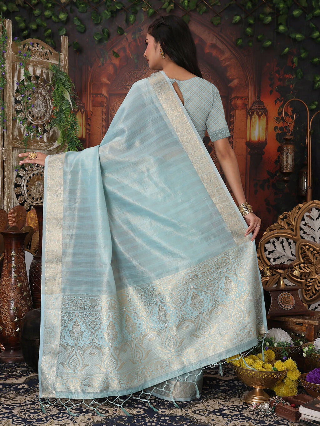 Shree Shyam Fashion Organza Sky Blue Saree | Grocsy