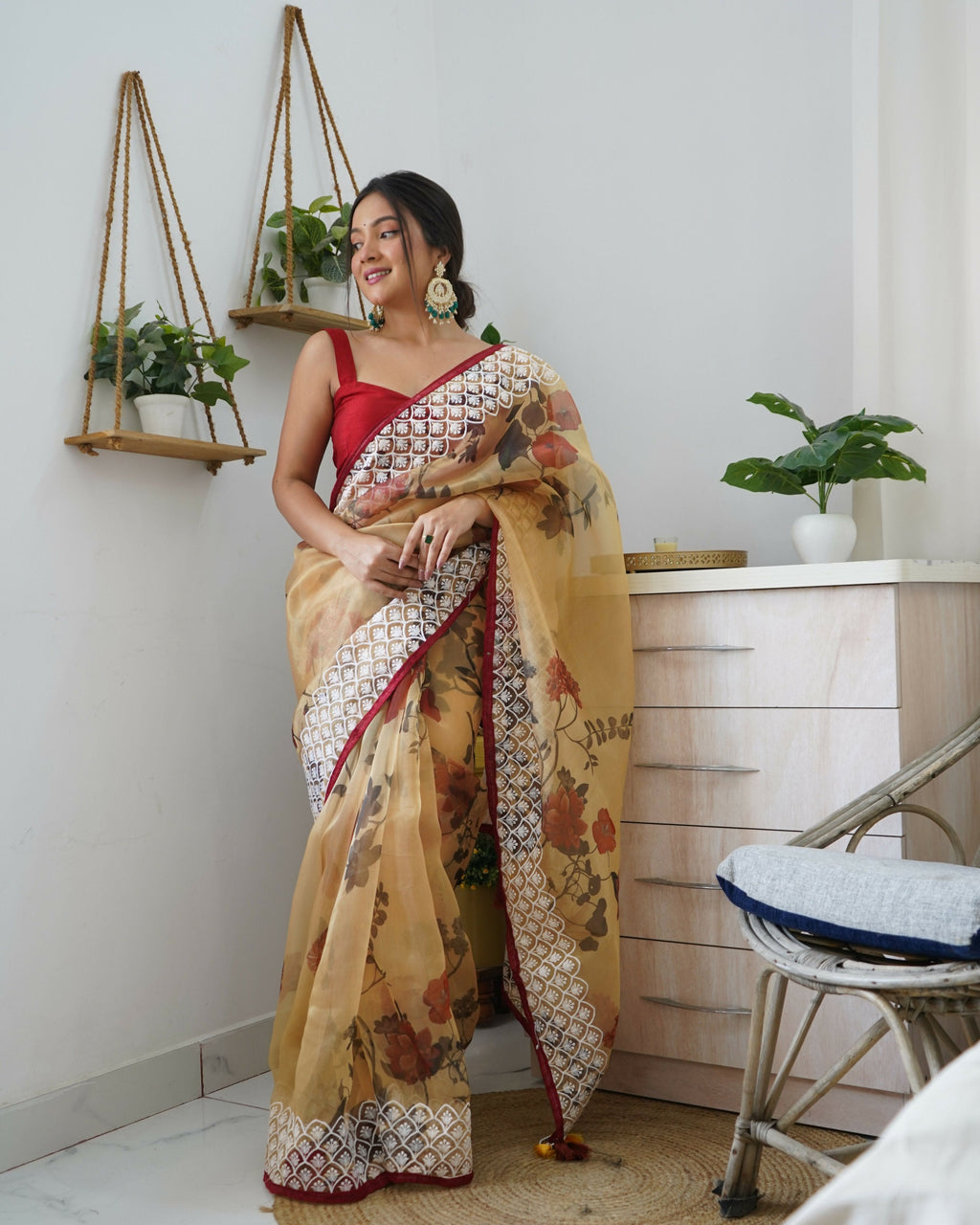 Vamsee 3 Latkan Brown Organza Saree | Grocsy