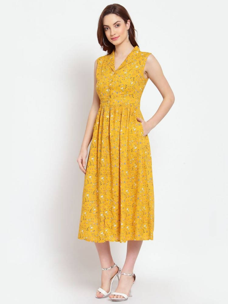 Myshka Women's Mustard Printed Rayon Sleeveless Collar Neck Casual Dress | Grocsy