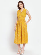 Myshka Women's Mustard Printed Rayon Sleeveless Collar Neck Casual Dress | Grocsy