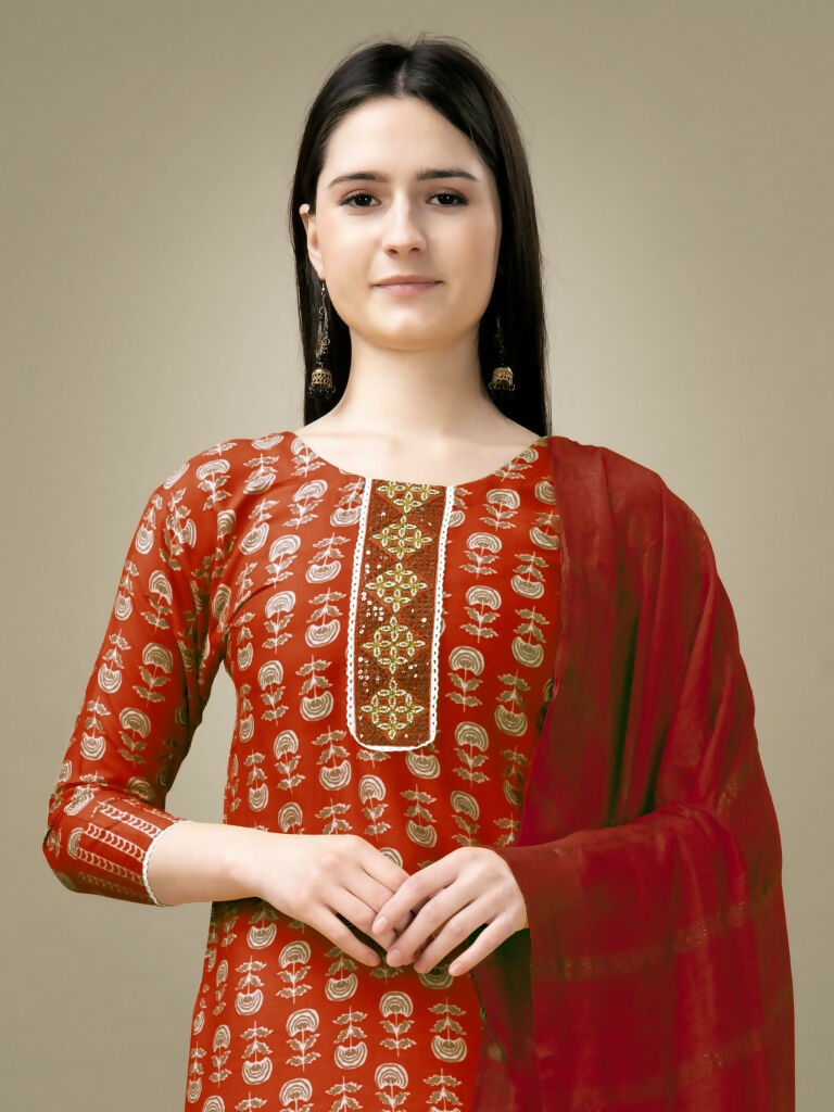 Jyoti Fashion Women's Maroon Rayon Embroidery & Sequence work Kurta with Trouser & Dupatta | Grocsy