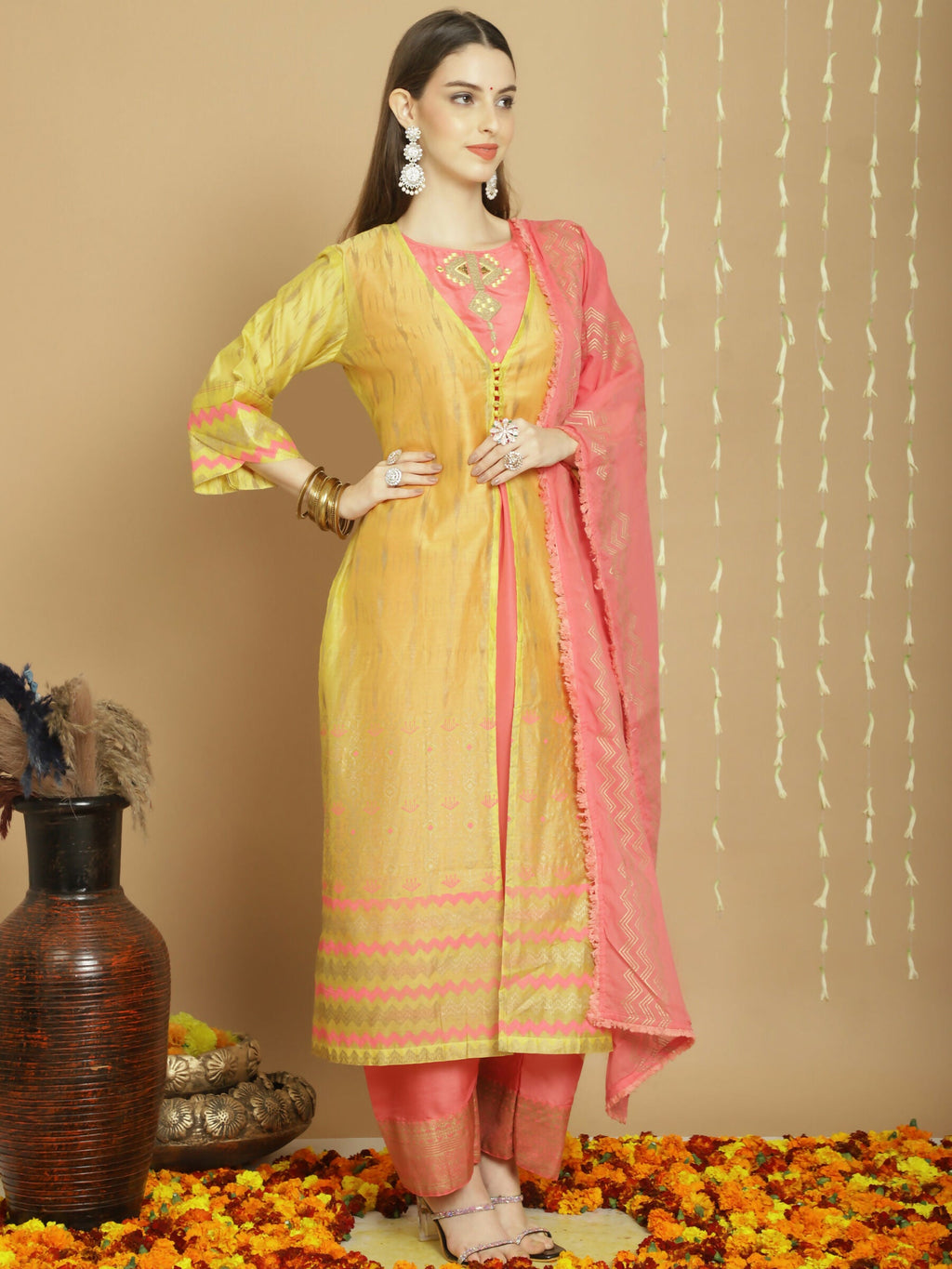 Jyoti Fashion Women's Yellow Chanderi Silk Elegant Jardoshi Semi Kurta with Trouser & Dupatta | Grocsy