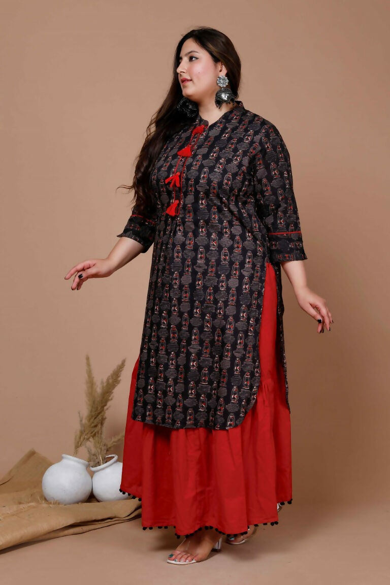 Miravan Women's Plus Size Black Printed Pure Cotton Kurta With Skirt | Grocsy