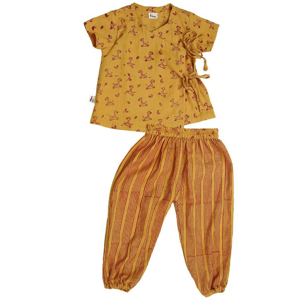 Mhyssa Zeke Half Sleeve Wrap Style Yellow and Red T-shirt With Long Pant Set For Kids | Grocsy