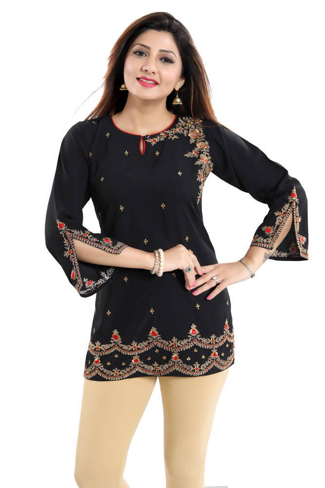 Snehal Creations Gracefully Black Alluring Indian Designer Short Kurti Tunic | Grocsy
