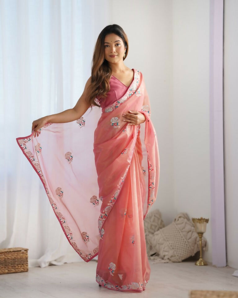 Peach Gold Twill Net Multy Thread, Sequance Embroidery Work Saree - Kriti | Grocsy