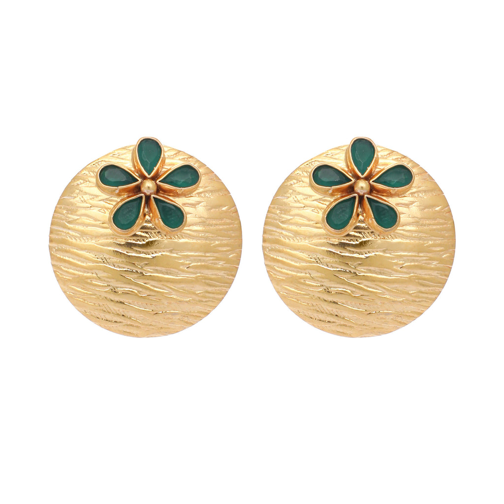 Nuyug 22K Gold-Plated Faux Emerald Stones Studded Circular Floral Shaped Motif Studs | Grocsy