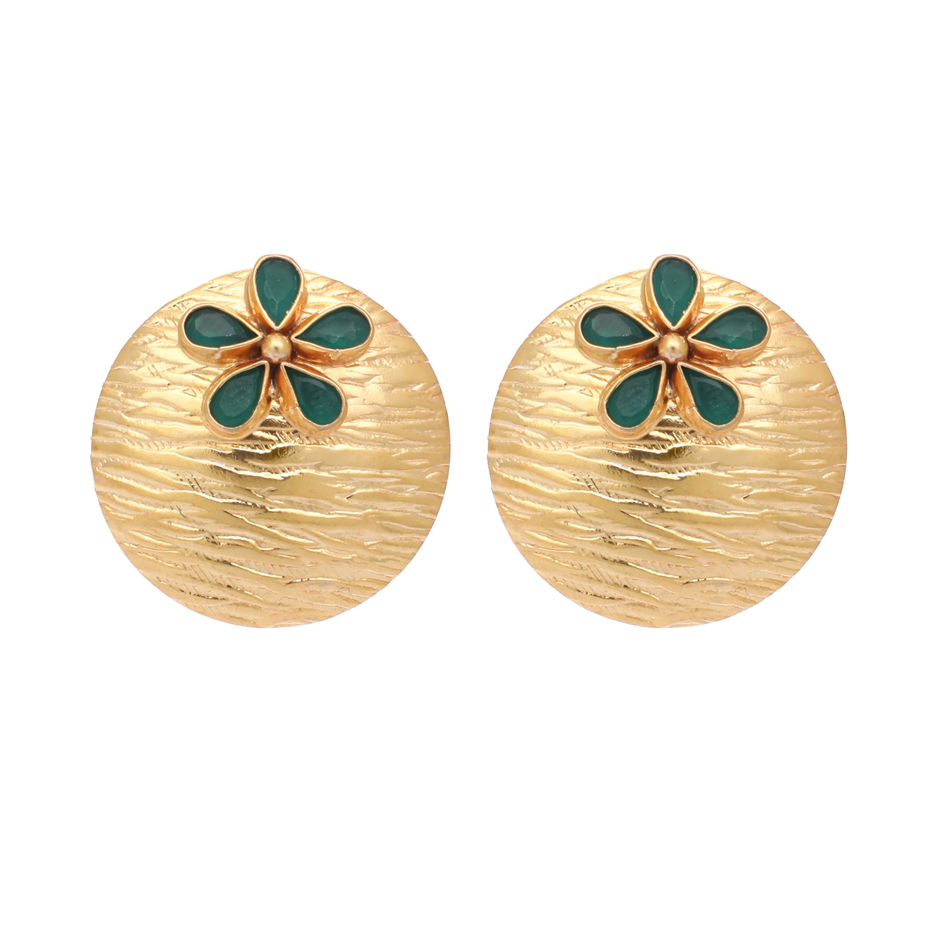 Nuyug 22K Gold-Plated Faux Emerald Stones Studded Circular Floral Shaped Motif Studs | Grocsy