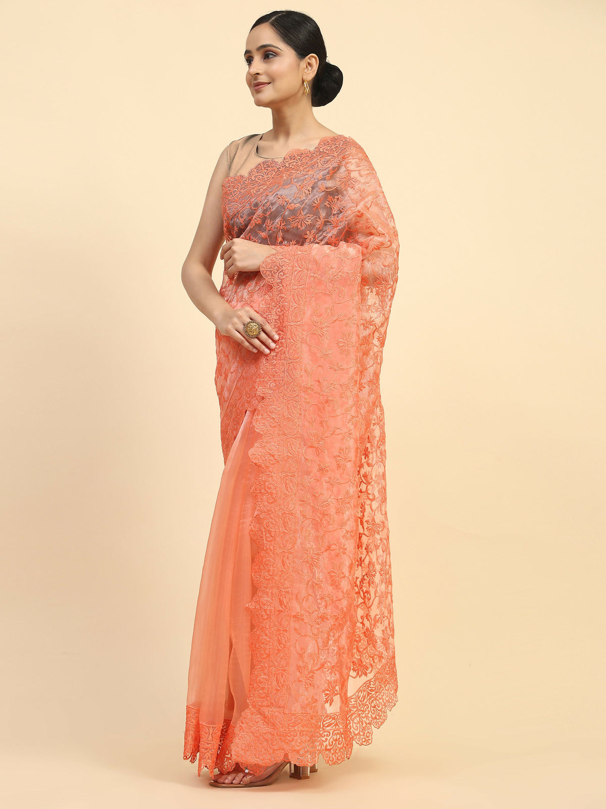 Vamsee Sujal Orange Organza Saree | Grocsy