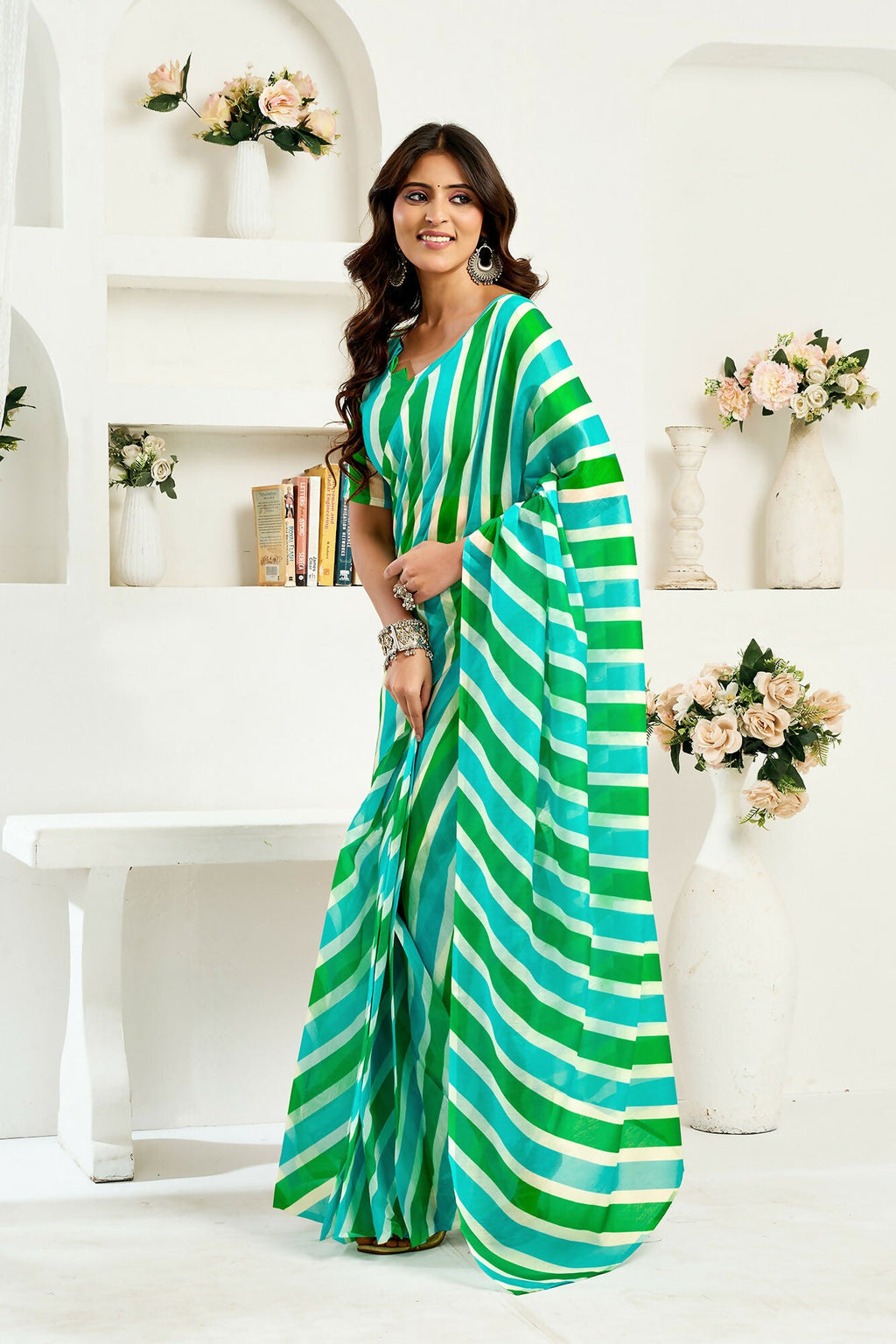 Vastranavya Green Digital Printed Linen Ready To Wear Designer Saree with Unstitched Blouse | Grocsy