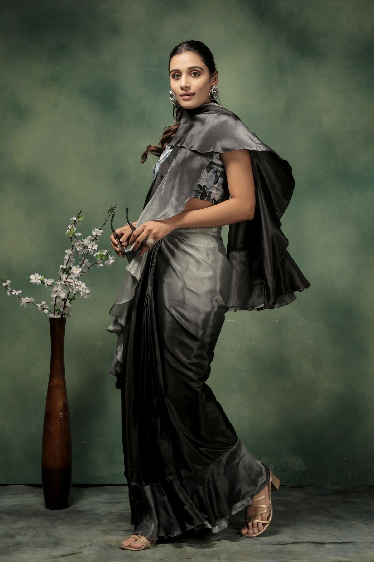 Grey Satin Solid Designer, Printed Party Wear Ready To Wear Saree - Nasreen | Grocsy