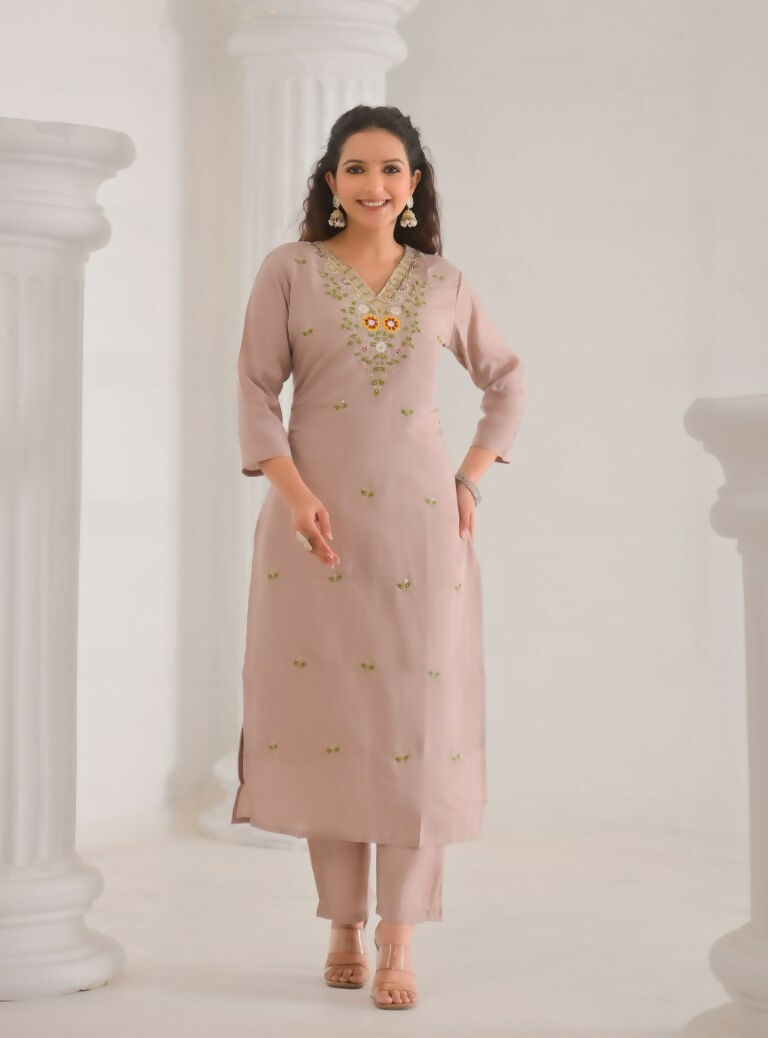 Ethnic Festive Wear Chanderi with Cotton Lining Beige Stitched Suit With Dupatta - Tanisha | Grocsy