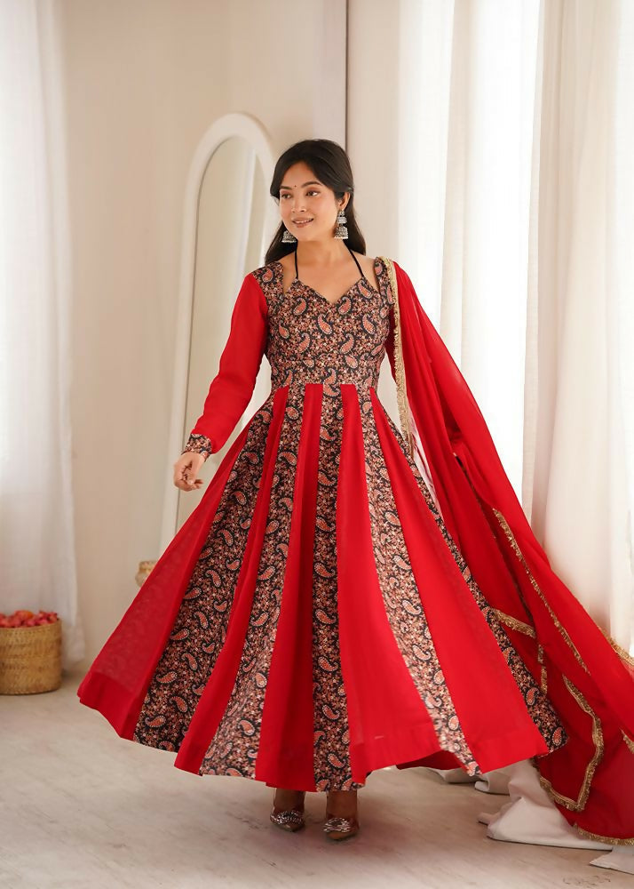 Teeya Creation Women's Red Black Paisley Print Anarkali Gown Set with Dupatta Festive Ethnic Wear | Grocsy