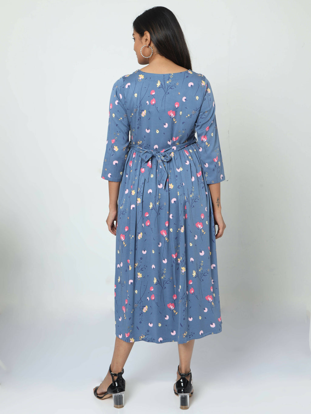 Manet Three Fourth Maternity Dress Floral Print With Concealed Zipper Nursing Access - Dark Grey | Grocsy