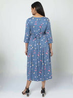 Manet Three Fourth Maternity Dress Floral Print With Concealed Zipper Nursing Access - Dark Grey | Grocsy