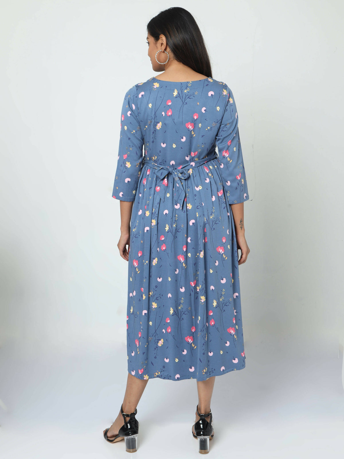 Manet Three Fourth Maternity Dress Floral Print With Concealed Zipper Nursing Access - Dark Grey | Grocsy