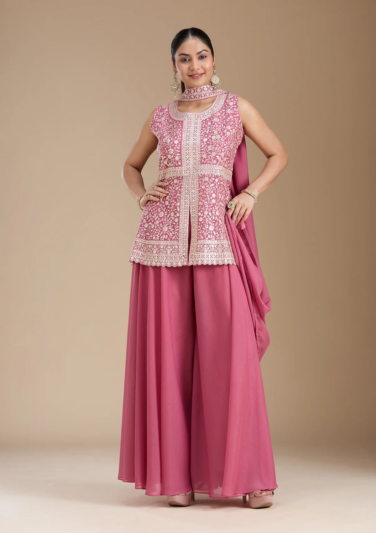 Teeya Creation Pink Color Star Georgette Party Wear Designer Peplum Sharara Set | Grocsy