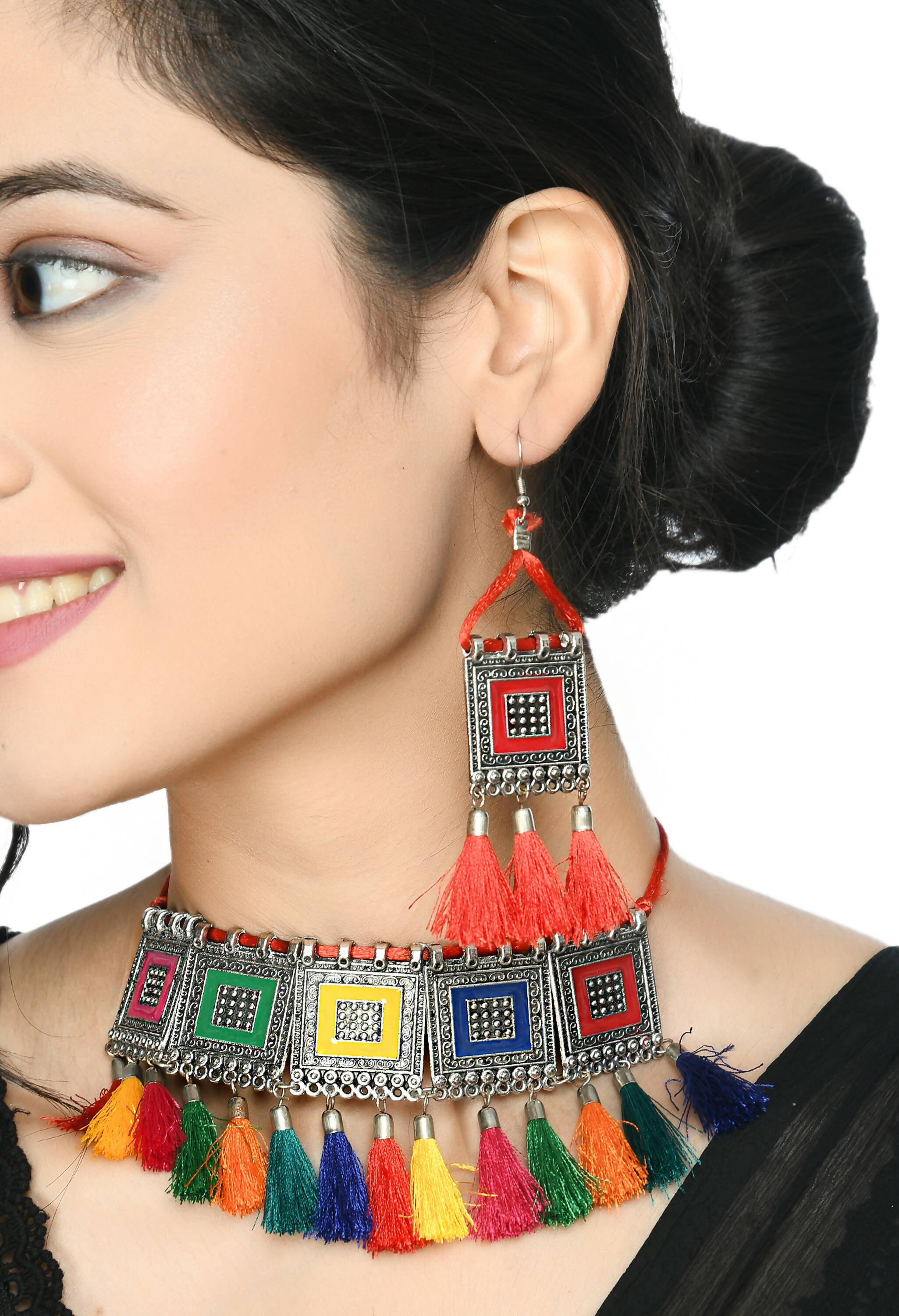 Mominos Fashion Johar Kamal Oxidised Silver-Plated Brass Finish Tassel Work Handicraft Choker For Women (Multi) | Grocsy