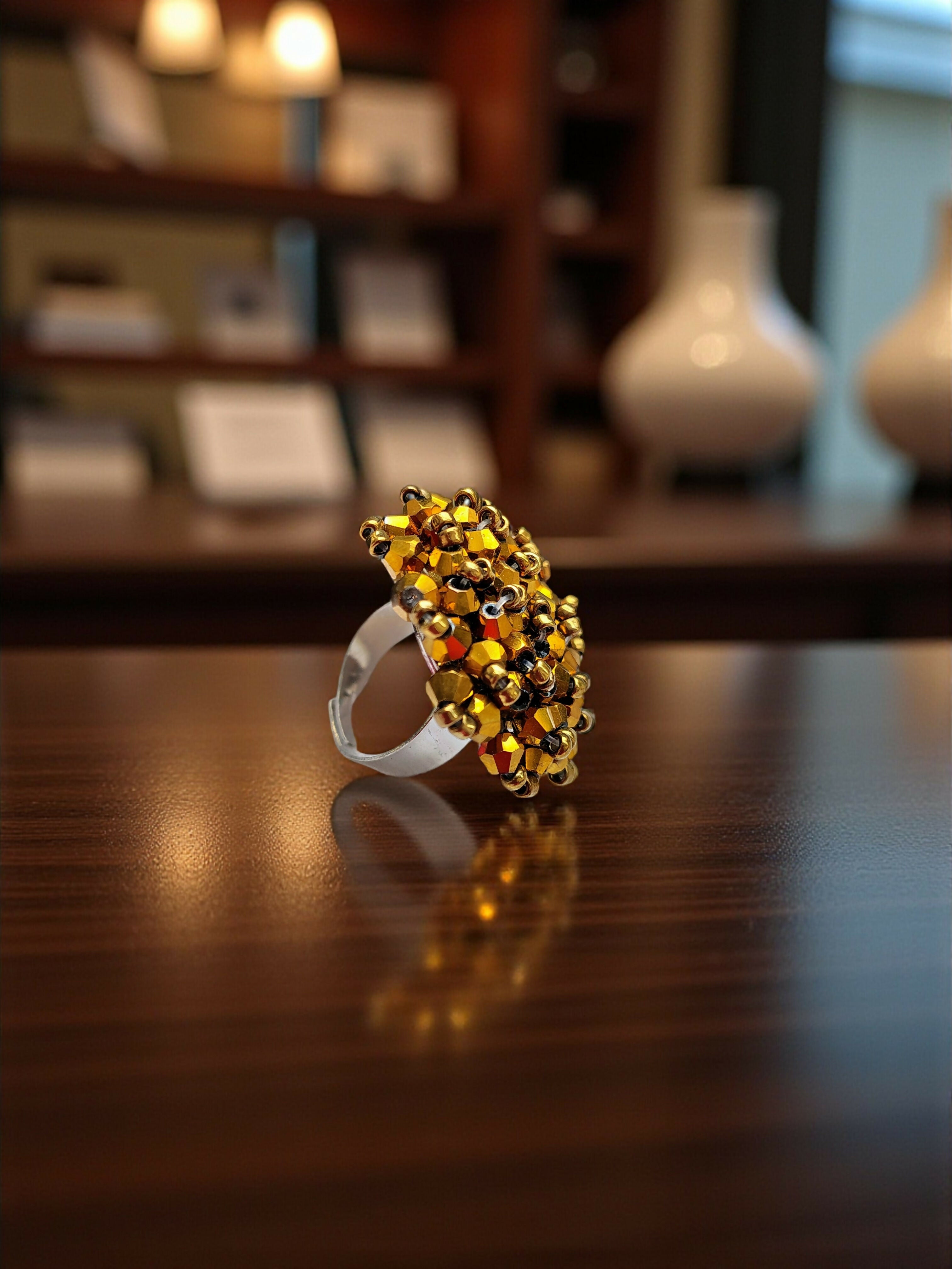 Inhanns Rang-E-Roshan Adjustable Ring – Handmade Crystal Statement Ring - Golden | Grocsy