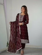 Joban Fashion Wine Kurta Set Silk Sequence Embroidery Work | Grocsy