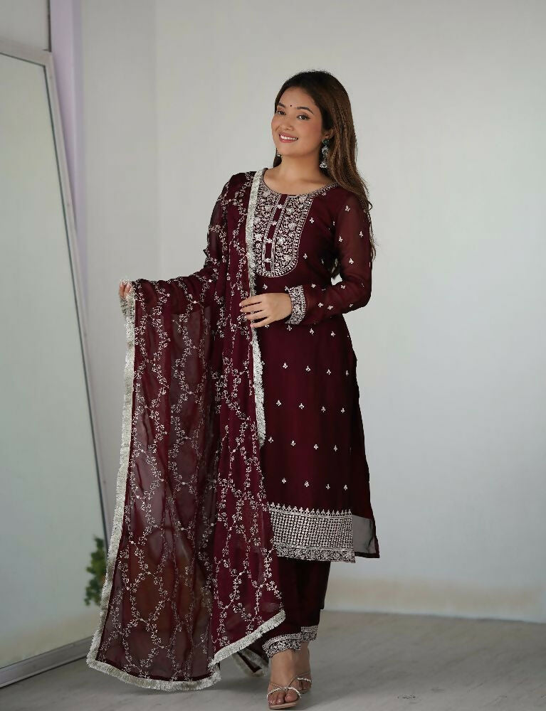 Joban Fashion Wine Kurta Set Silk Sequence Embroidery Work | Grocsy