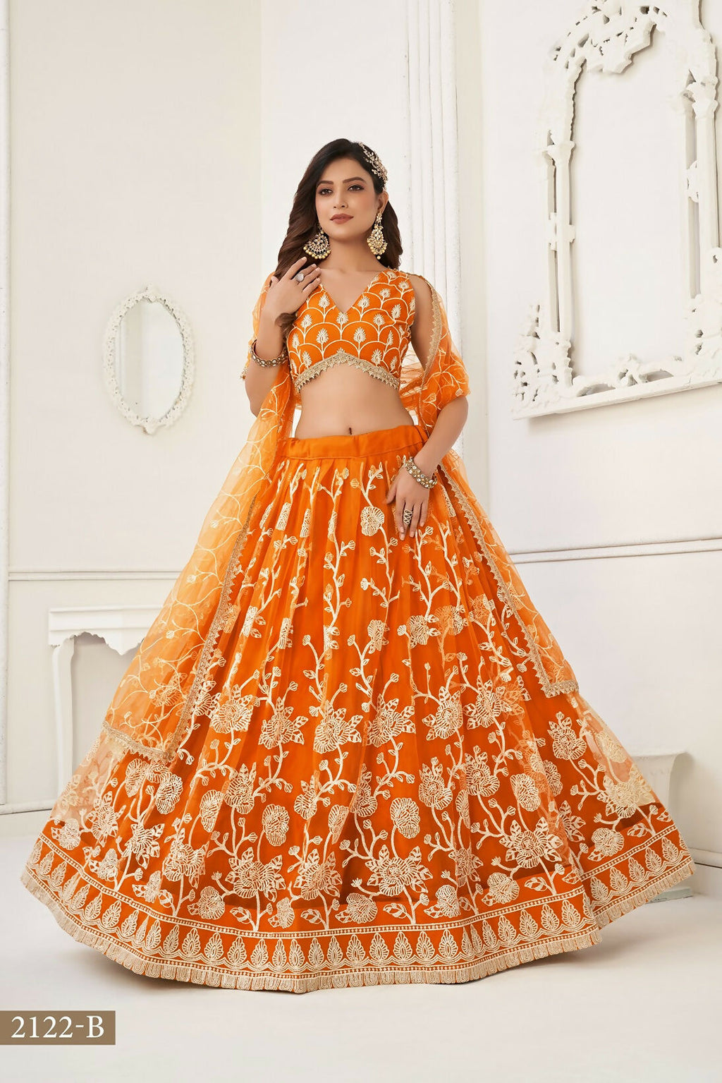 Eilara Women'S Orange Butterfly Net With Sequins And Embroidery Work Lehenga Choli For Wedding | Grocsy