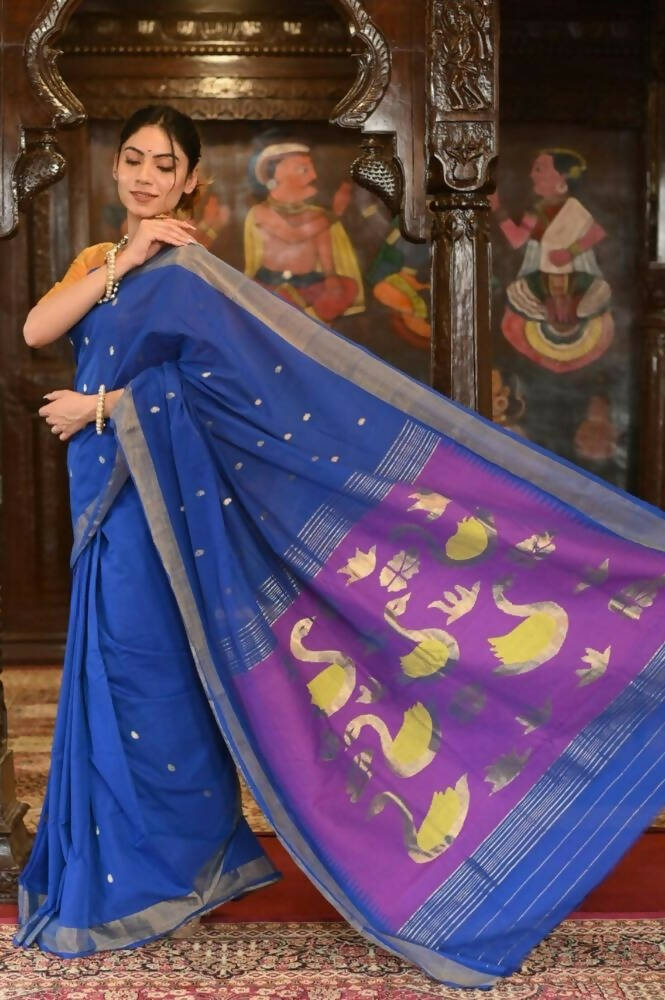 Very Much Indian Handloom Pure Cotton Paithani Swan Pallu-Marine Blue | Grocsy