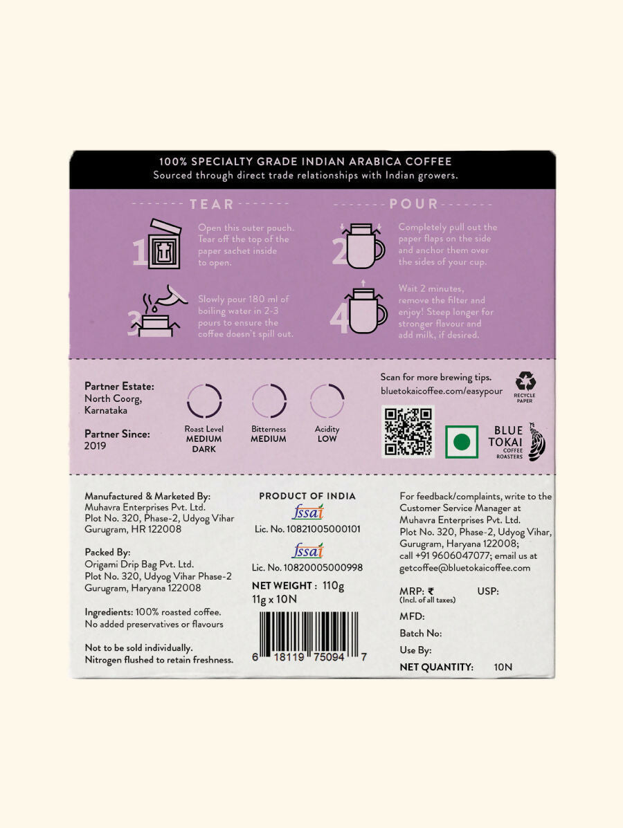 Blue Tokai Monsoon Malabar Medium-Dark Roast Easy Pour Sachets | Grocsy