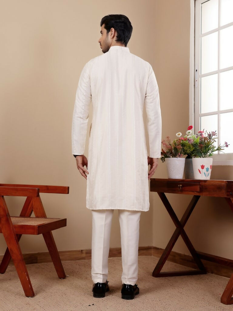 Off Whit Silk Designer Embroidery Work Men's Rajwadi Kurta Set - Mahotsav | Grocsy