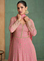 Vastranavya Peach Georgette Seroski Diamond Embroidered Sequins A Line Stunning Anarkali Suit | Grocsy