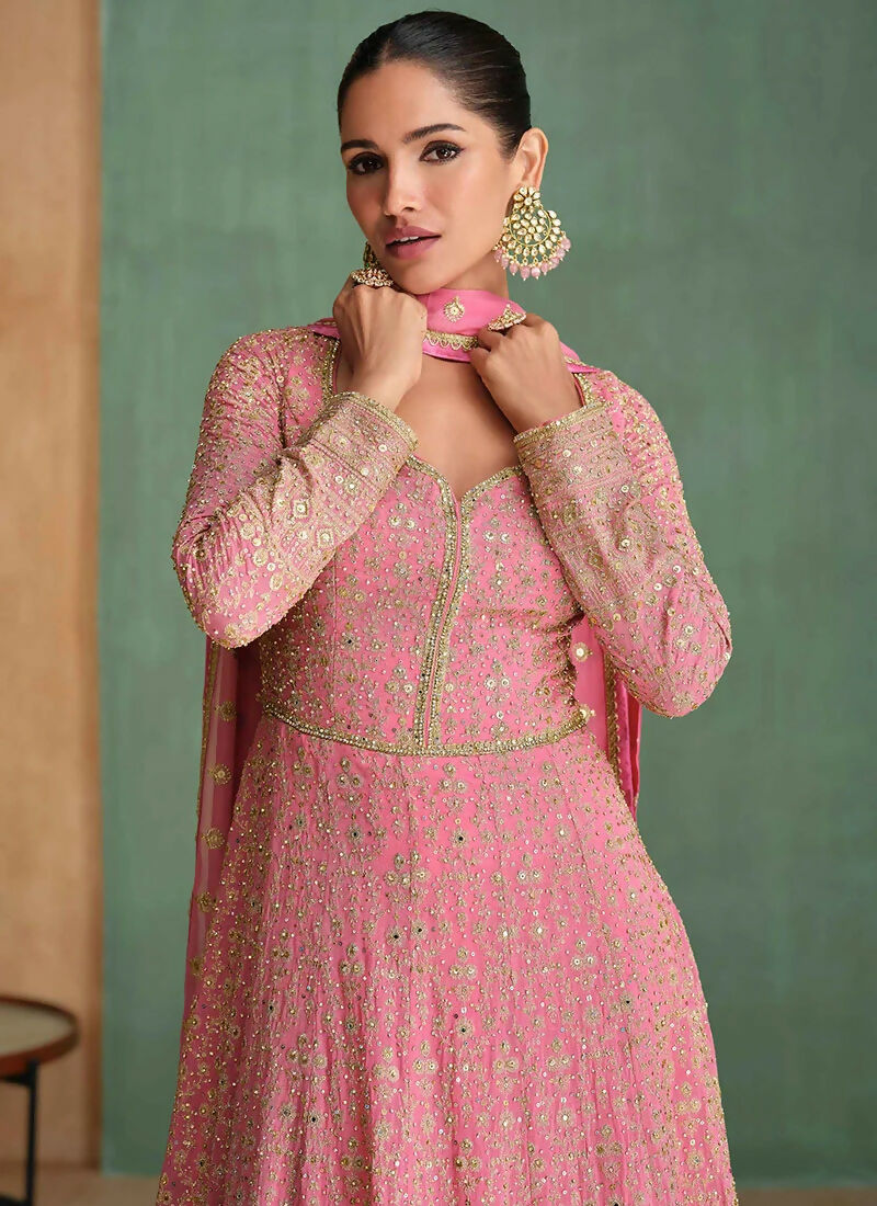 Vastranavya Peach Georgette Seroski Diamond Embroidered Sequins A Line Stunning Anarkali Suit | Grocsy