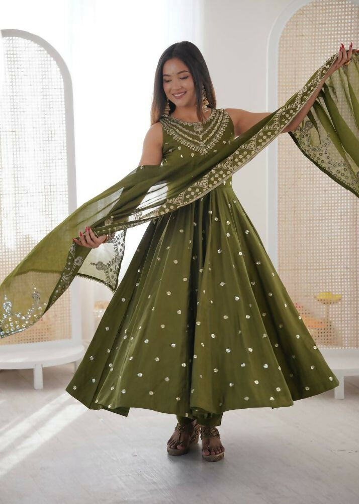Teeya Creation Green Color Roman Silk Embroidery Work Party Wear Gown | Grocsy
