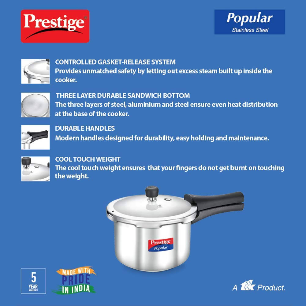 Prestige Popular Stainless Steel Pressure Cooker, Silver Color | Grocsy