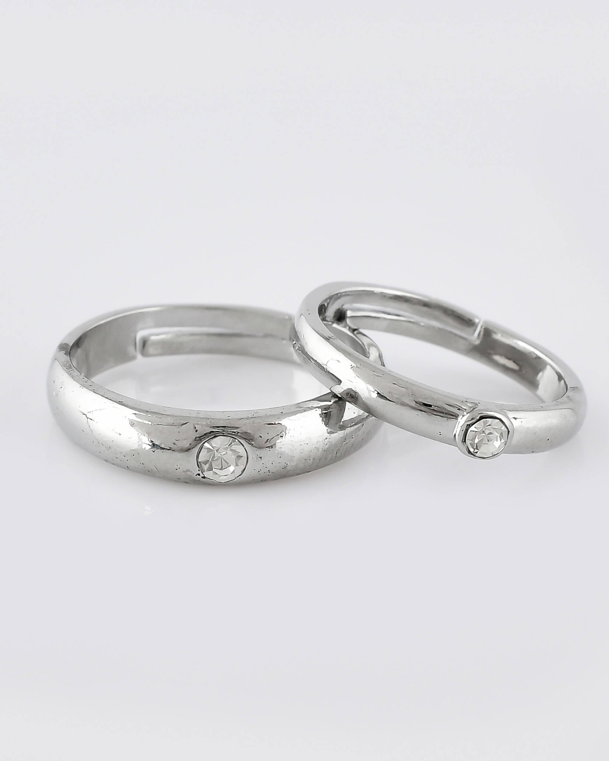 VOJ Stainless Steel Cubic Zirconia Silver Plated Adjustable Ring Set for Couple | Grocsy
