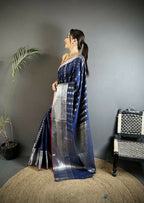Joban Fashion Navy Blue Checked Soft Silk Kanjivaram Silk Saree | Grocsy